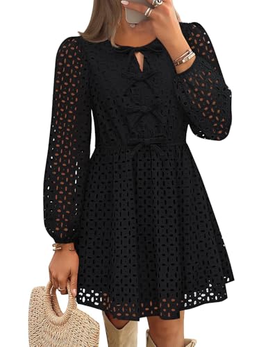 Luxuii Crewneck Tie Front Hollow Out Eyelet Short Dresses