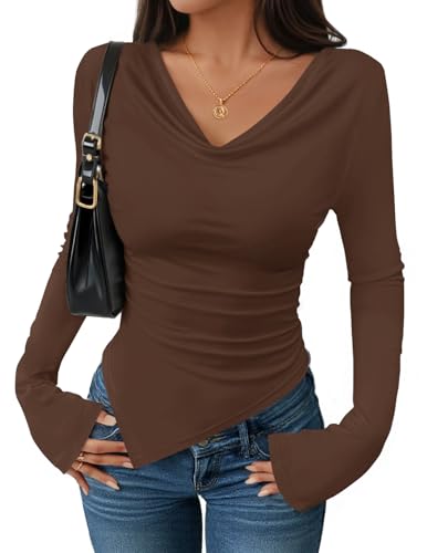 Luxuii Long Sleeve Cowl Neck Shirts Slim Fit Going Out Y2k Tops