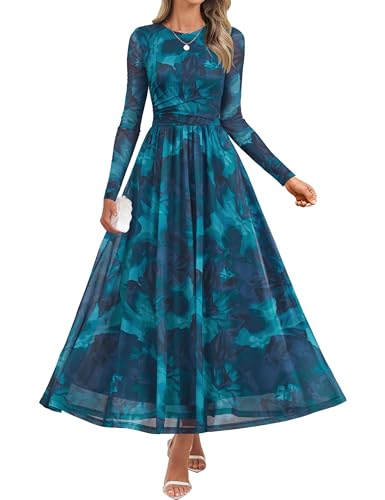 Luxuii Fall Crewneck Floral Print Mesh Ruched Guest Dresses