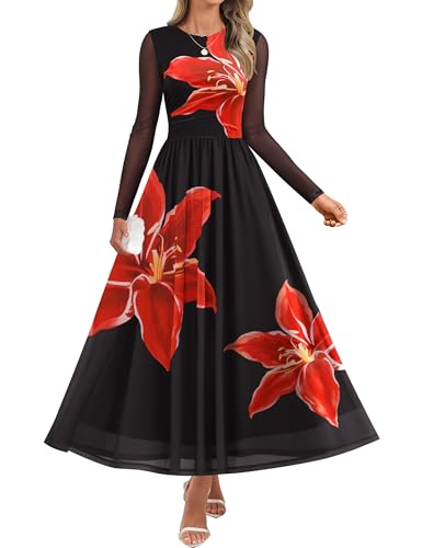 Luxuii Fall Crewneck Floral Print Mesh Ruched Guest Dresses