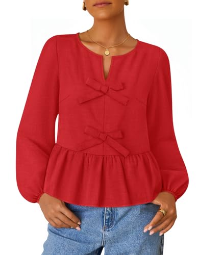 Luxuii Long Sleeve Babydoll Crewneck Tie Front Ruffle Flowy Peplum Shirts