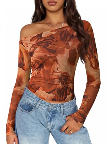 Luxuii Floral Off Shoulder Long Sleeve Mesh Ruched Fitted Shirts