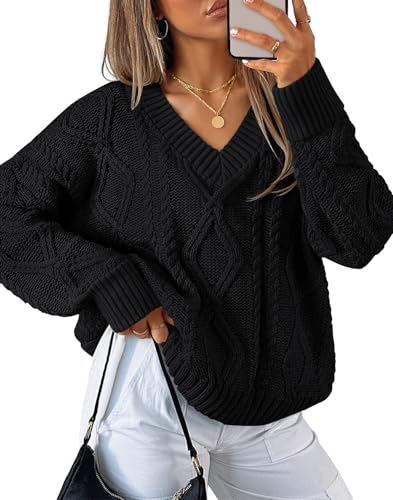 Luxuii Fall Sweaters V Neck Cable Knit Trendy Pullover Tops
