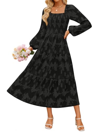 Luxuii Floral Long Sleeve Square Neck Flowy Vacation Dresses