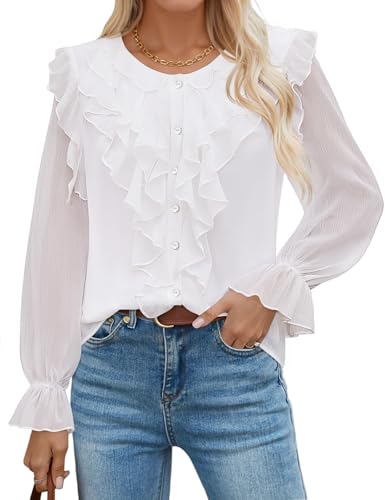 Luxuii Chiffon Dressy Button Down V Neck Ruffle Layered Shirts