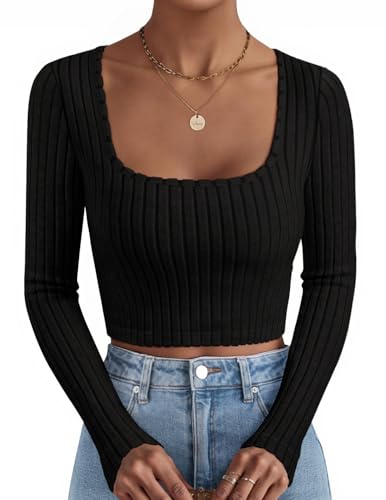 Luxuii Long Sleeve Crop Tops Square Neck Slim Fitted Shirts