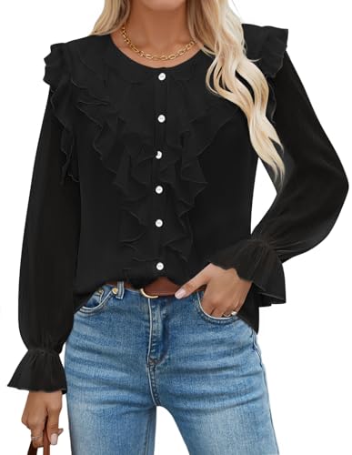 Luxuii Chiffon Dressy Button Down V Neck Ruffle Layered Shirts