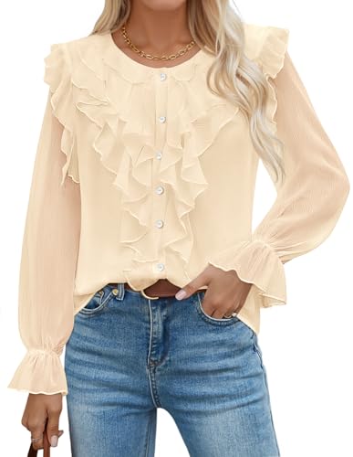 Luxuii Chiffon Dressy Button Down V Neck Ruffle Layered Shirts