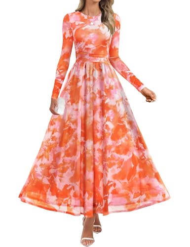 Luxuii Fall Crewneck Floral Print Mesh Ruched Guest Dresses