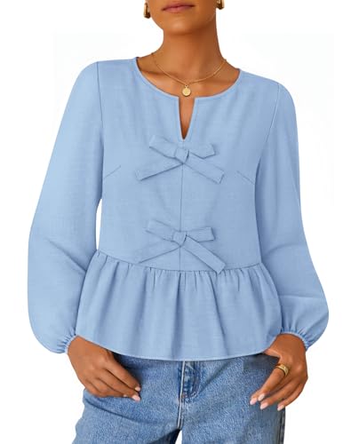 Luxuii Long Sleeve Babydoll Crewneck Tie Front Ruffle Flowy Peplum Shirts
