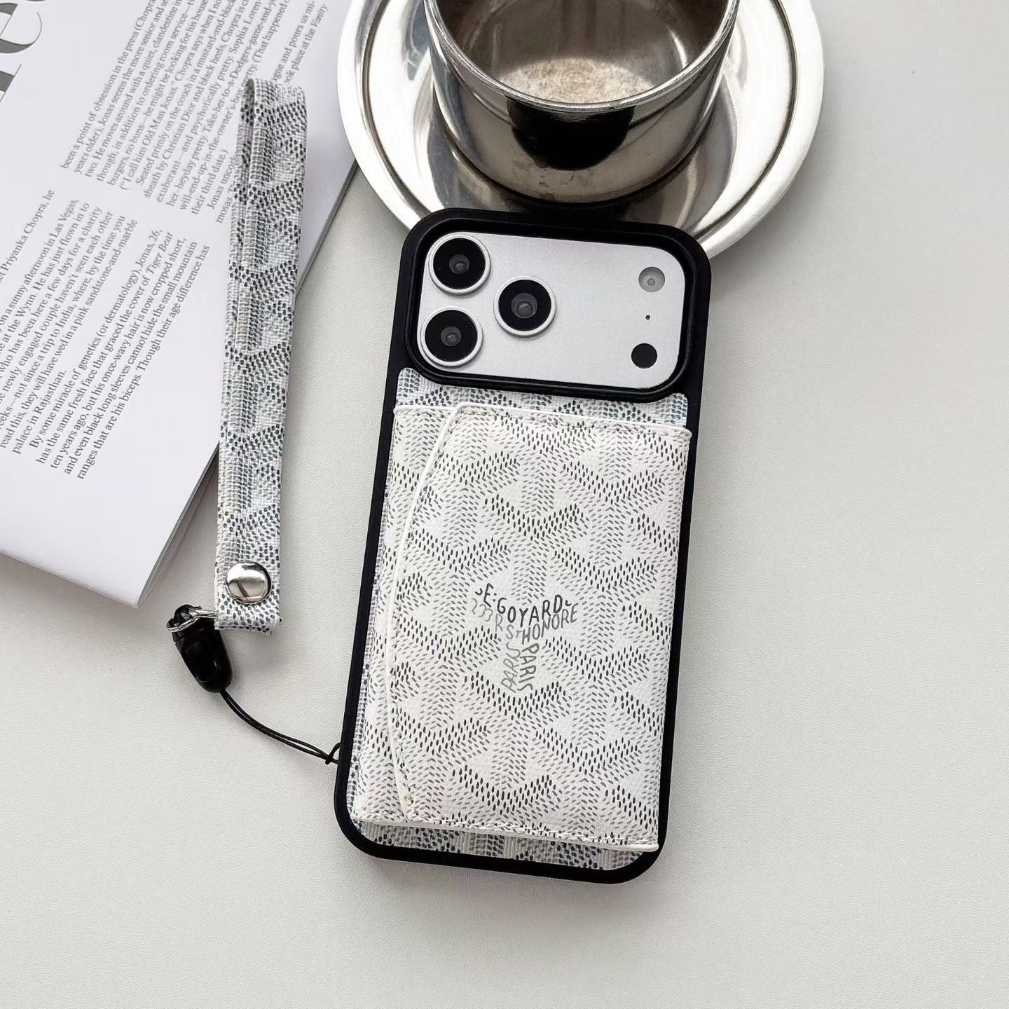 Luxury GD Pattern Tri-Fold Wallet Phone Case with Matching Wristlet Strap