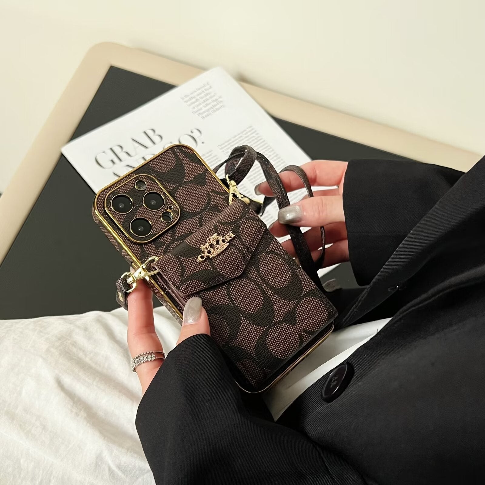 Luxury Logo Accordion Card Holder Leather Crossbody Apple iPhone Case