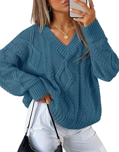Luxuii Fall Sweaters V Neck Cable Knit Trendy Pullover Tops