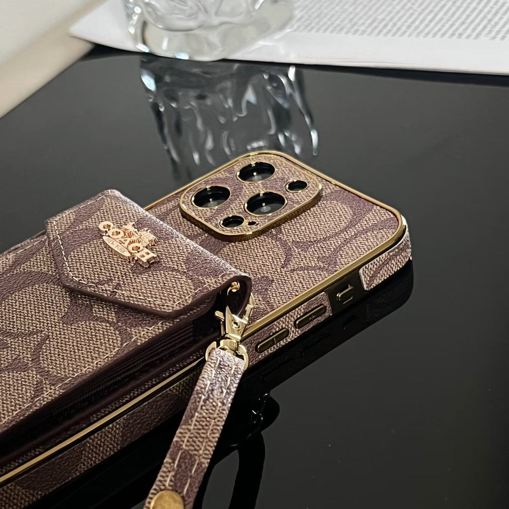 Luxury Logo Accordion Card Holder Leather Crossbody Apple iPhone Case