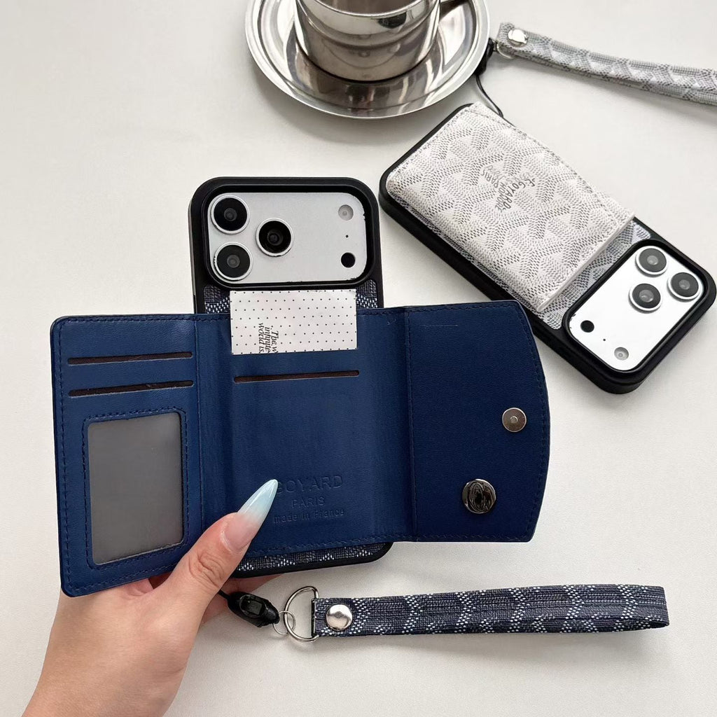 Luxury GD Pattern Tri-Fold Wallet Phone Case with Matching Wristlet Strap