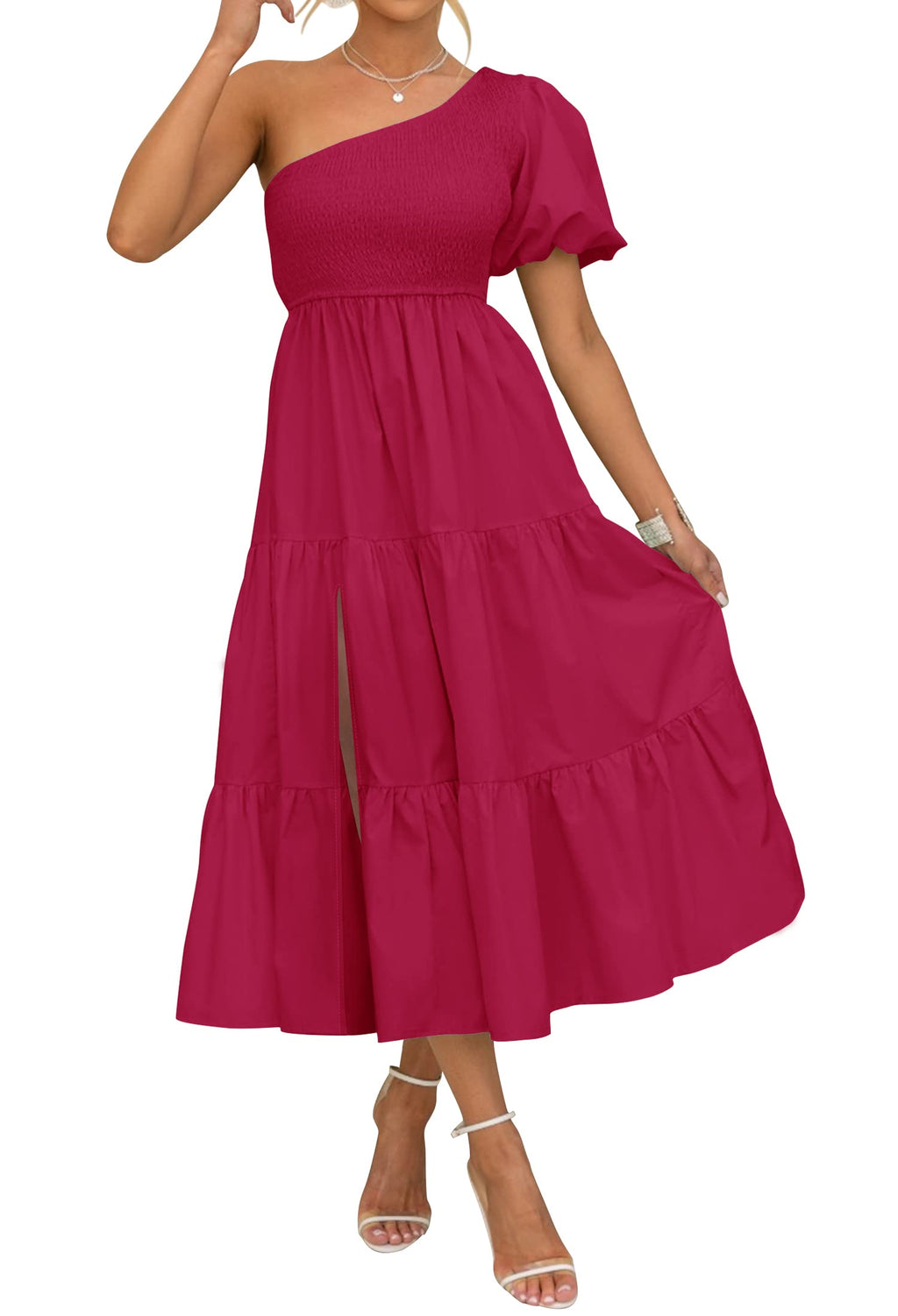 Luxuii Boho One Shoulder Smocked Swing Midi Dress