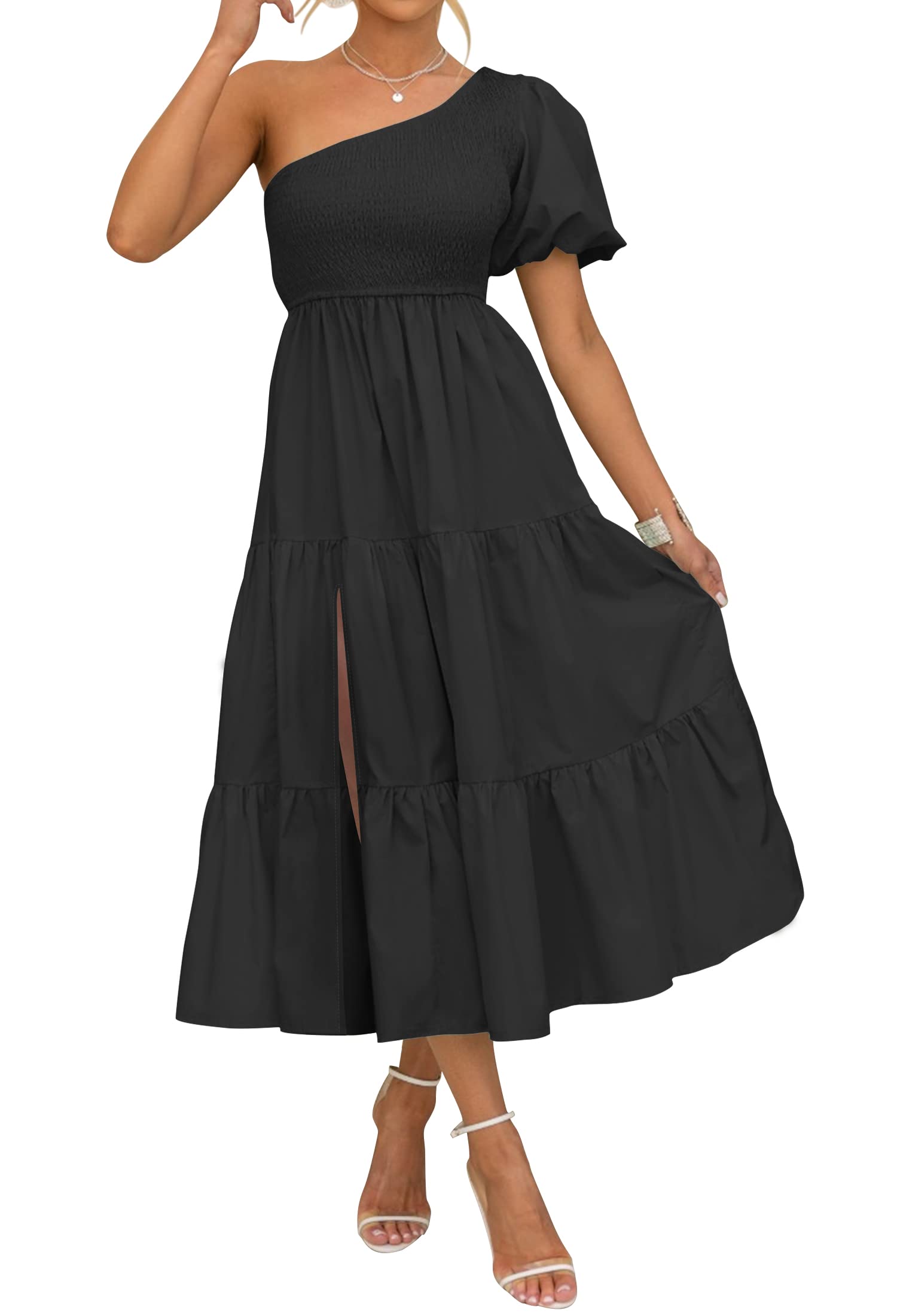 Luxuii Boho One Shoulder Smocked Swing Midi Dress