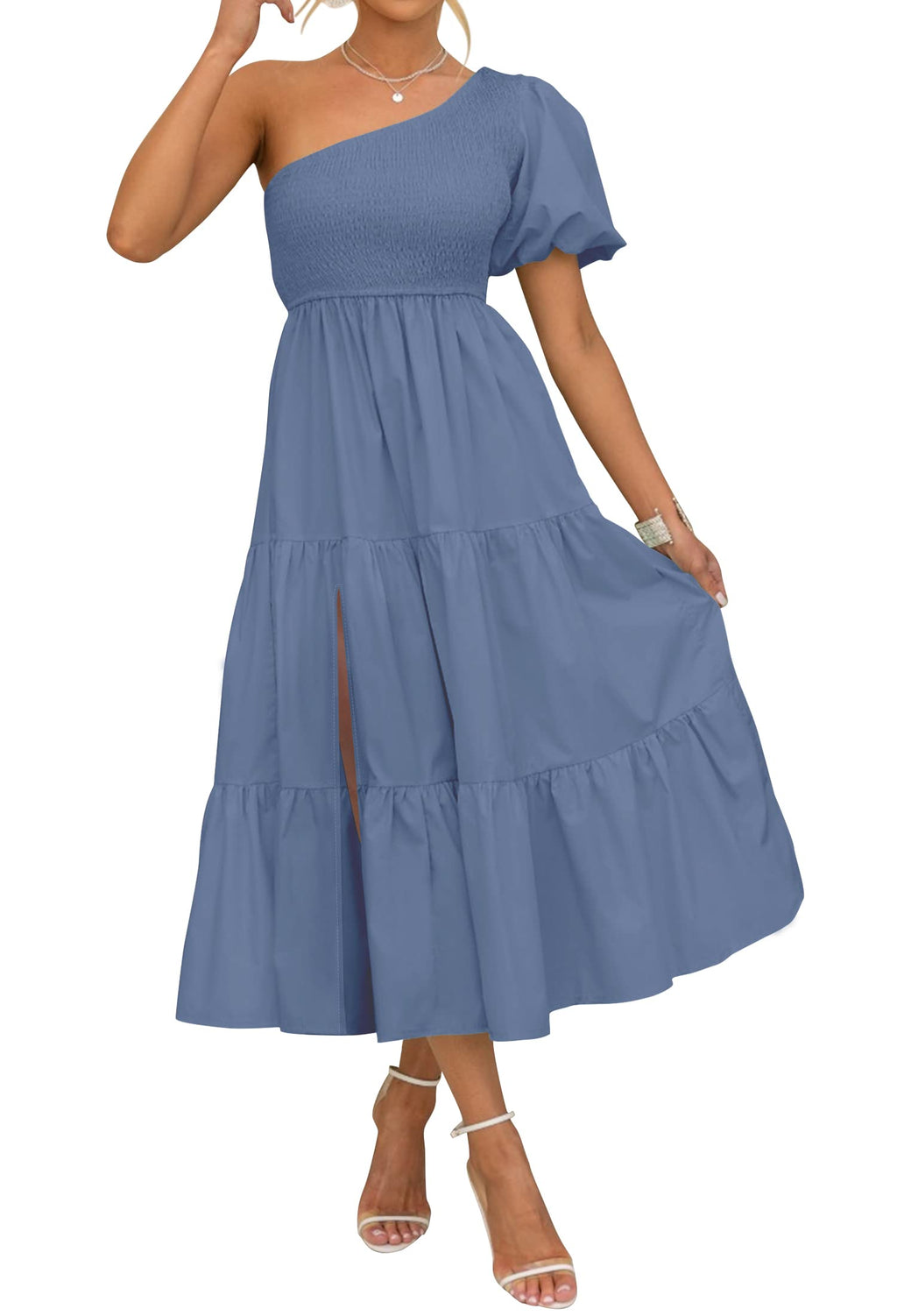 Luxuii Boho One Shoulder Smocked Swing Midi Dress
