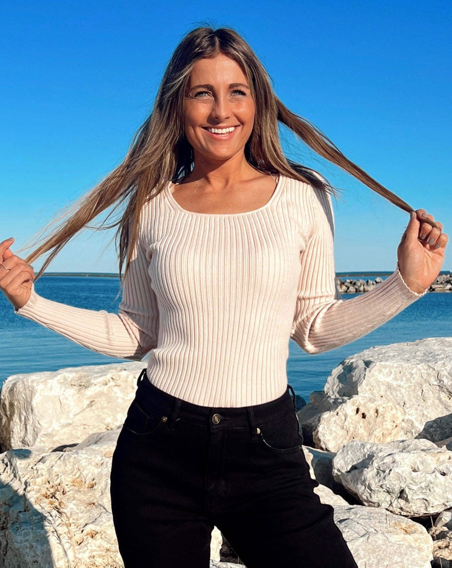 Luxuii Long Sleeve Square Neck Slim Fitted Ribbed Knit Top