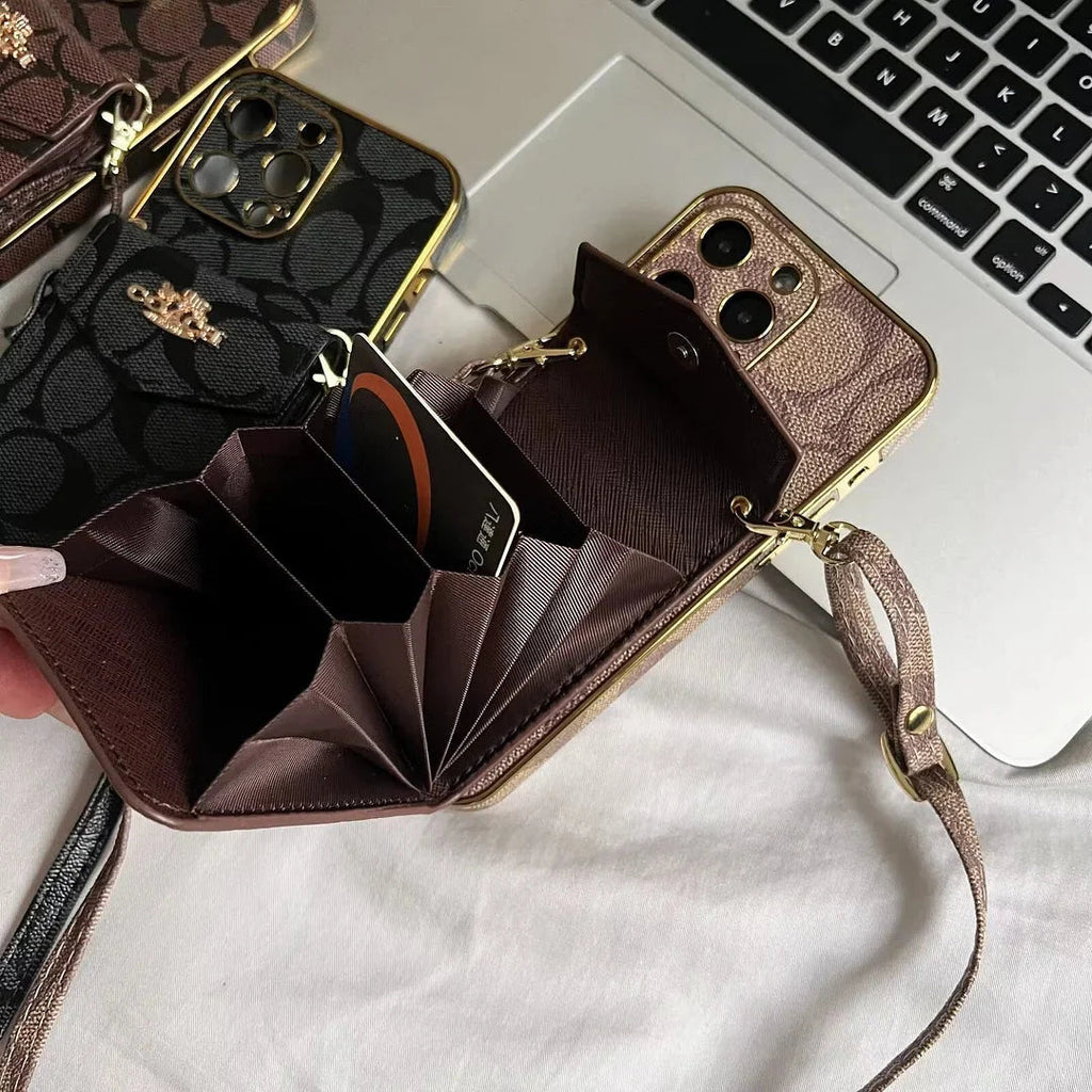 Luxury Logo Accordion Card Holder Leather Crossbody Apple iPhone Case