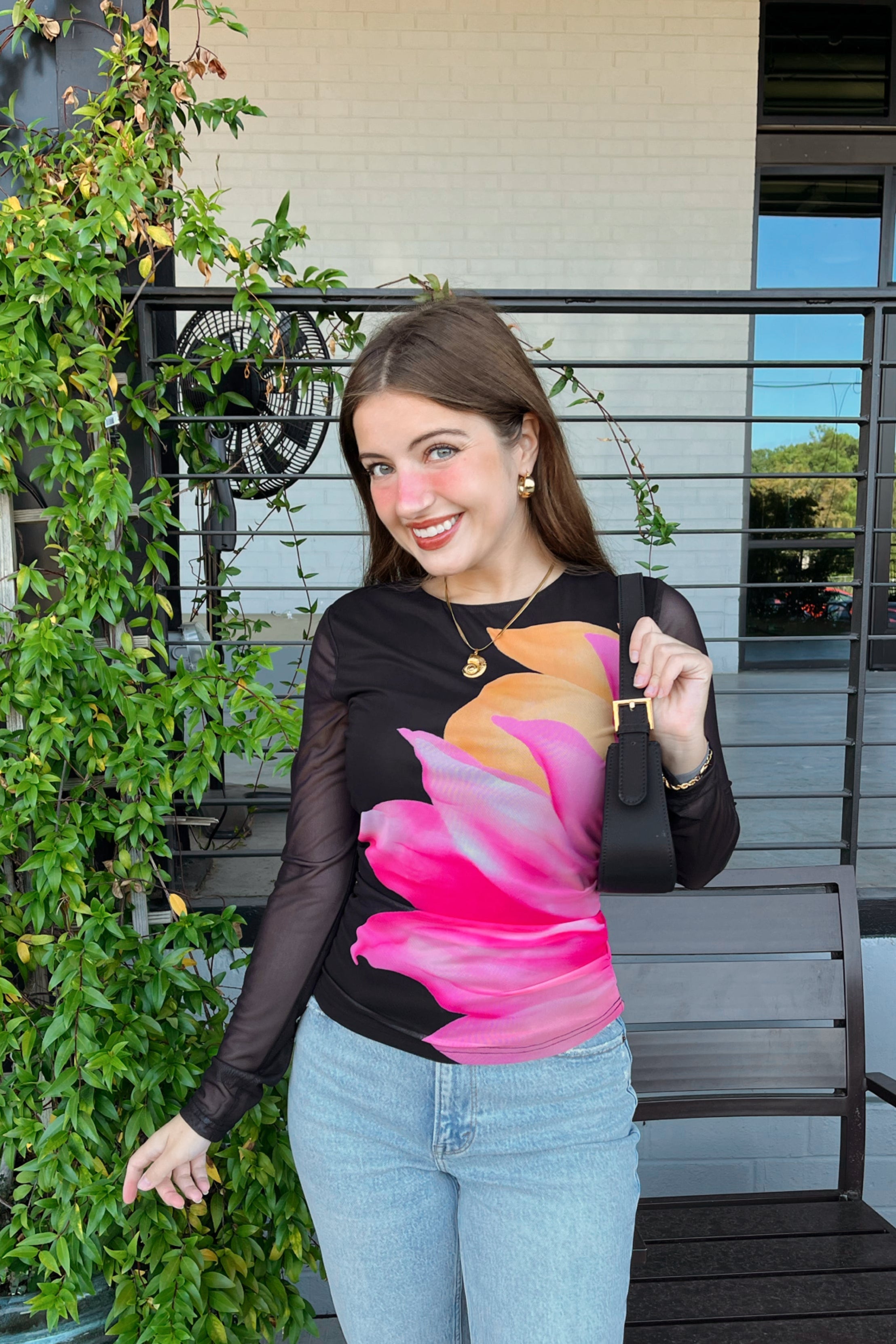 Luxuii Floral Mesh Fall Long Sleeve Crewneck Slim Fit Ruched Y2k Shirts