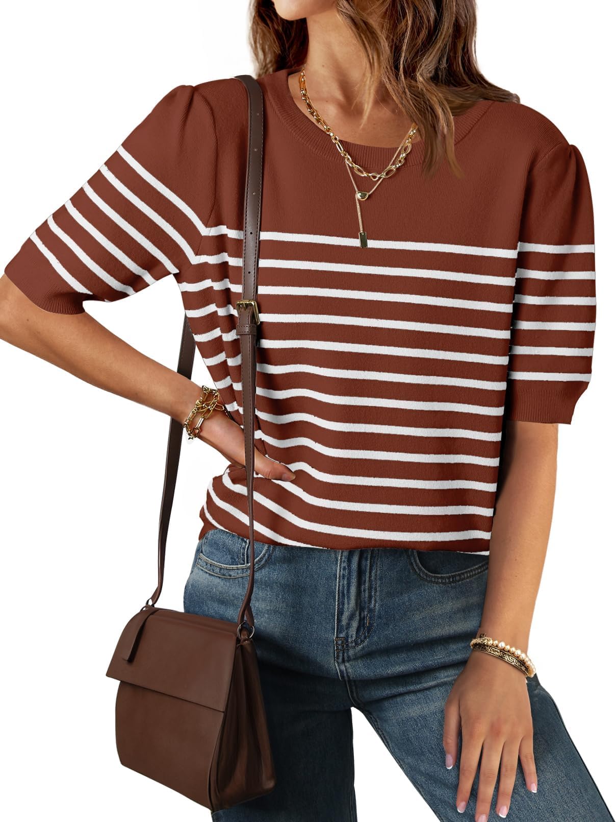Luxuii Short Sleeve Crew Neck Ribbed Knit Striped T Shirt