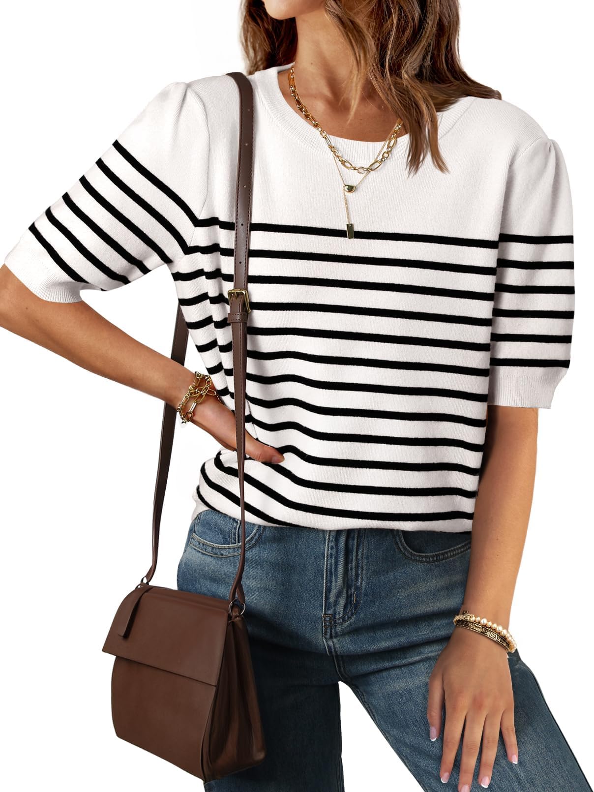 Luxuii Short Sleeve Crew Neck Ribbed Knit Striped T Shirt