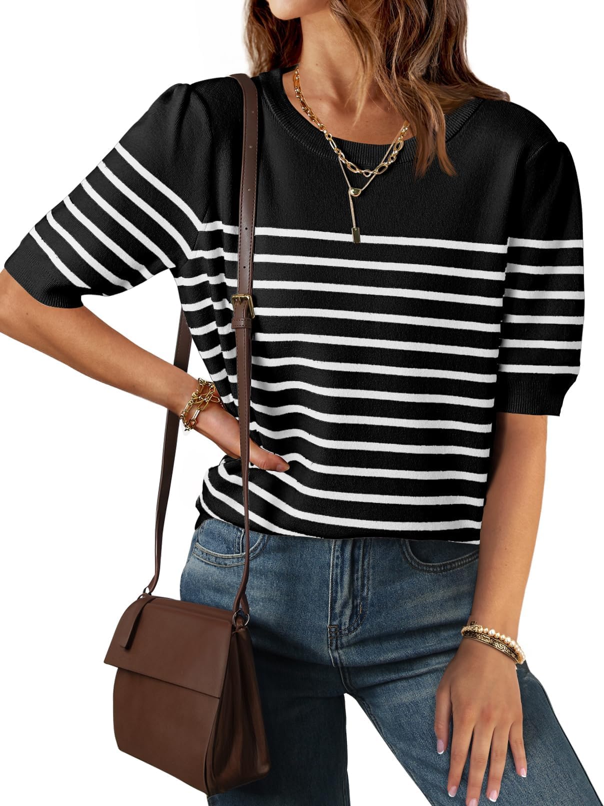Luxuii Short Sleeve Crew Neck Ribbed Knit Striped T Shirt