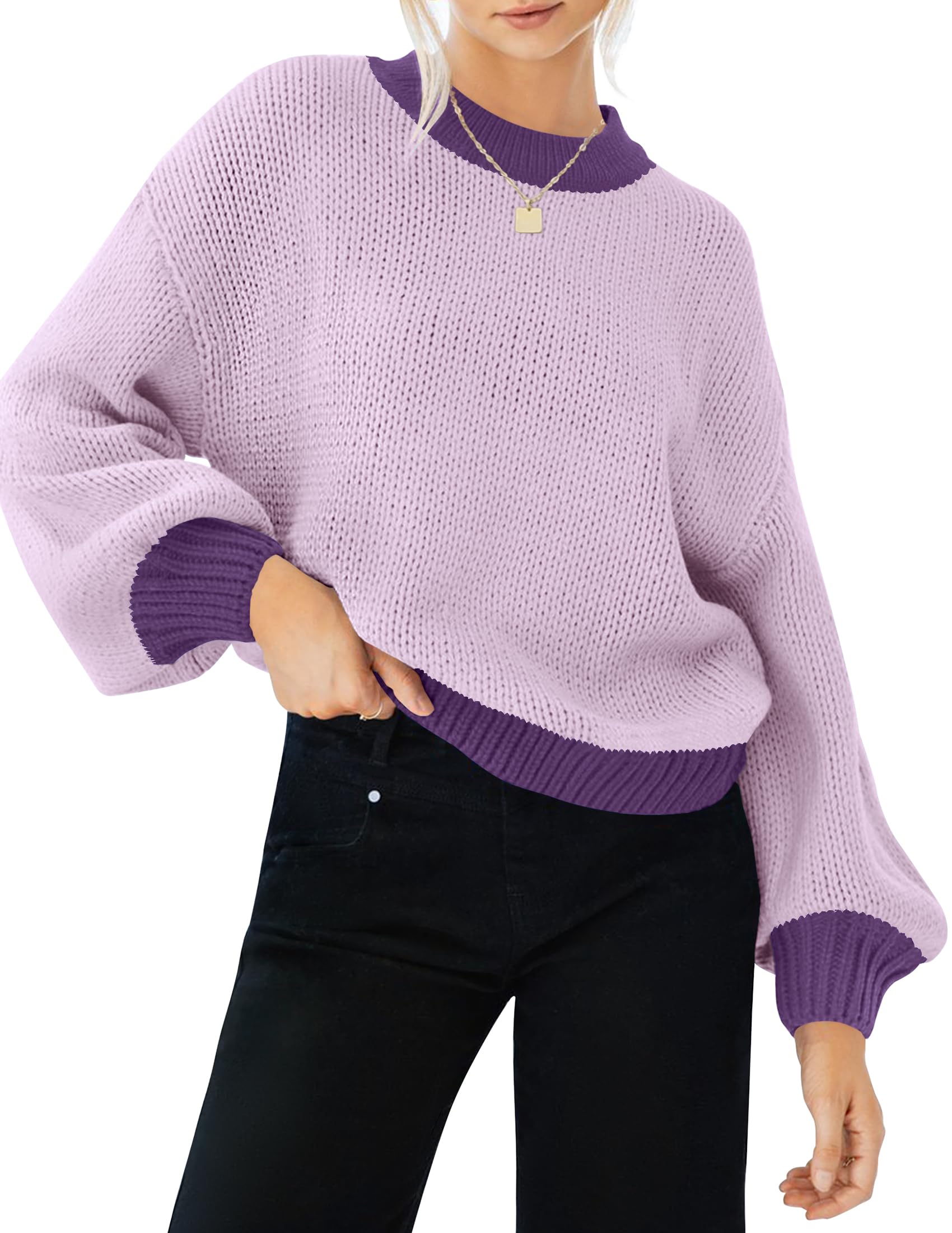 Luxuii Long Sleeve Crew Neck Contrast Color Loose Sweater Top