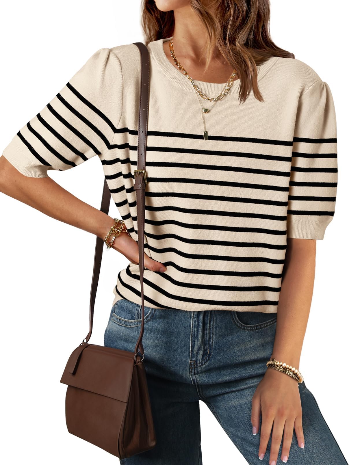 Luxuii Short Sleeve Crew Neck Ribbed Knit Striped T Shirt