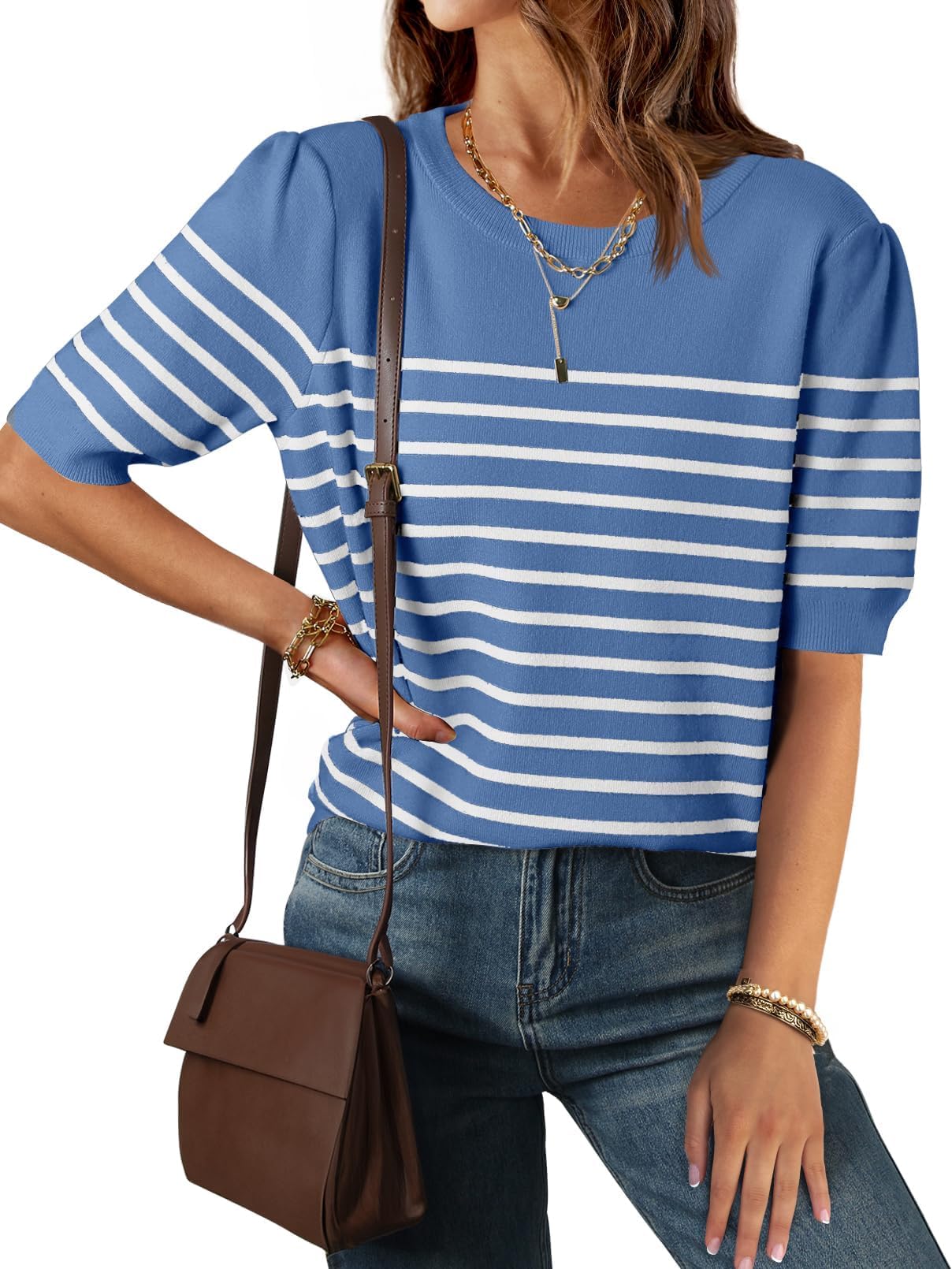 Luxuii Short Sleeve Crew Neck Ribbed Knit Striped T Shirt