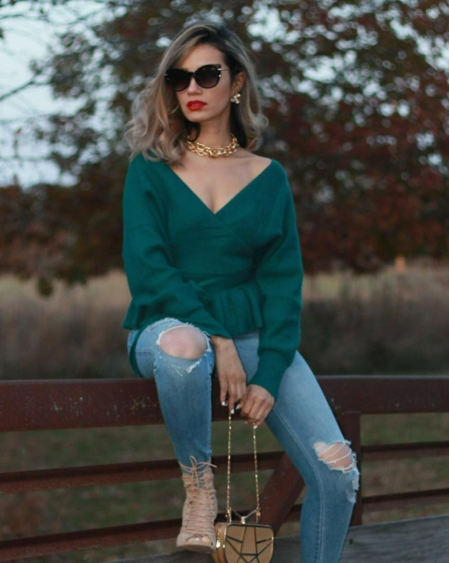 Luxuii Wrap Ruffle Belted Waist Knitted Sweater Pullover