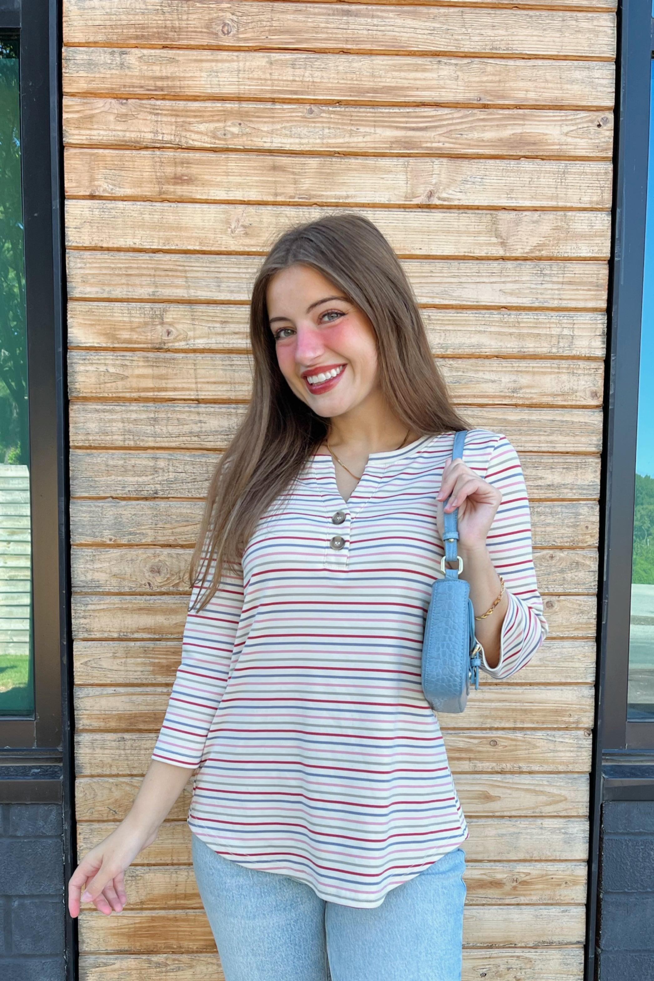 Luxuii Boho Striped Henley Shirts 3/4 Sleeve Tops Casual Blouses