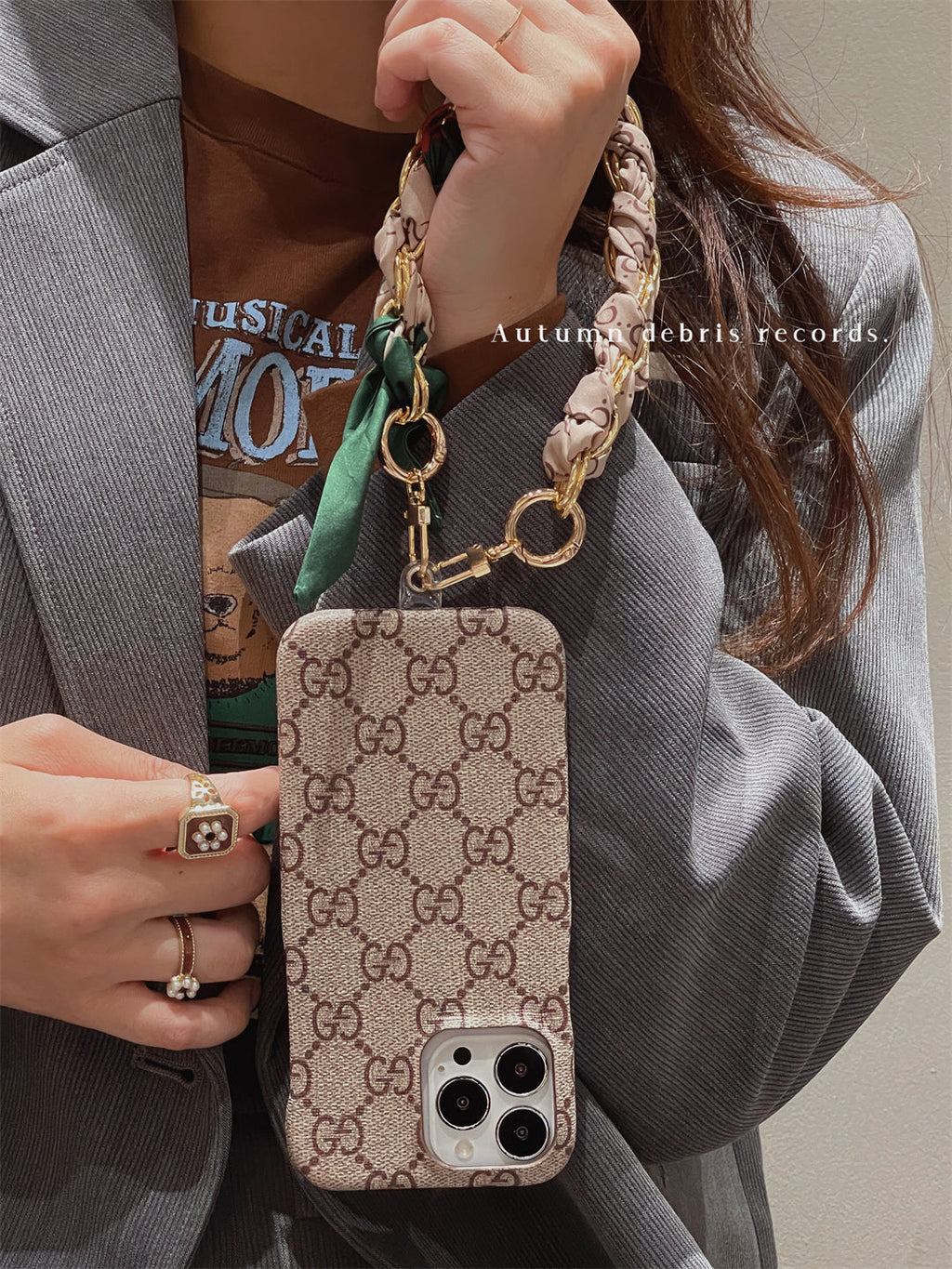 LUXURY CANVAS IPHONE CASE DETACHABLE SILK SCARF WRISTBAND