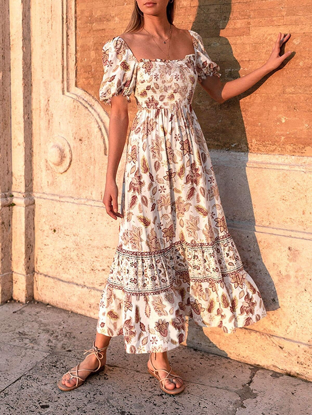 Luxuii Floral Print Square Neck Ruffle Swing Beach Dress
