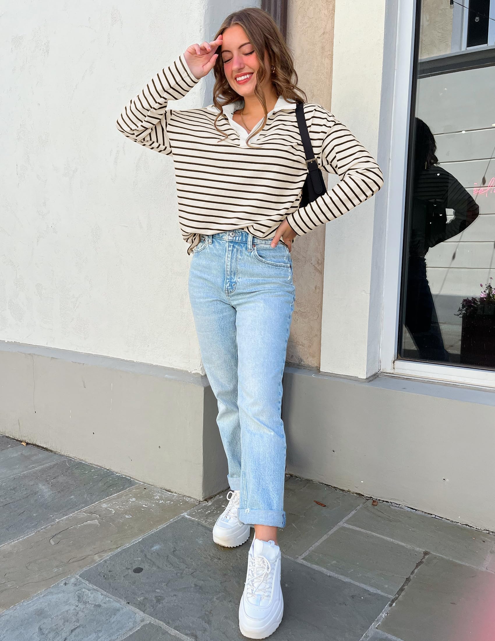 Luxuii Striped V Neck Oversized Sweatshirt Loose Fit Tunic Tops