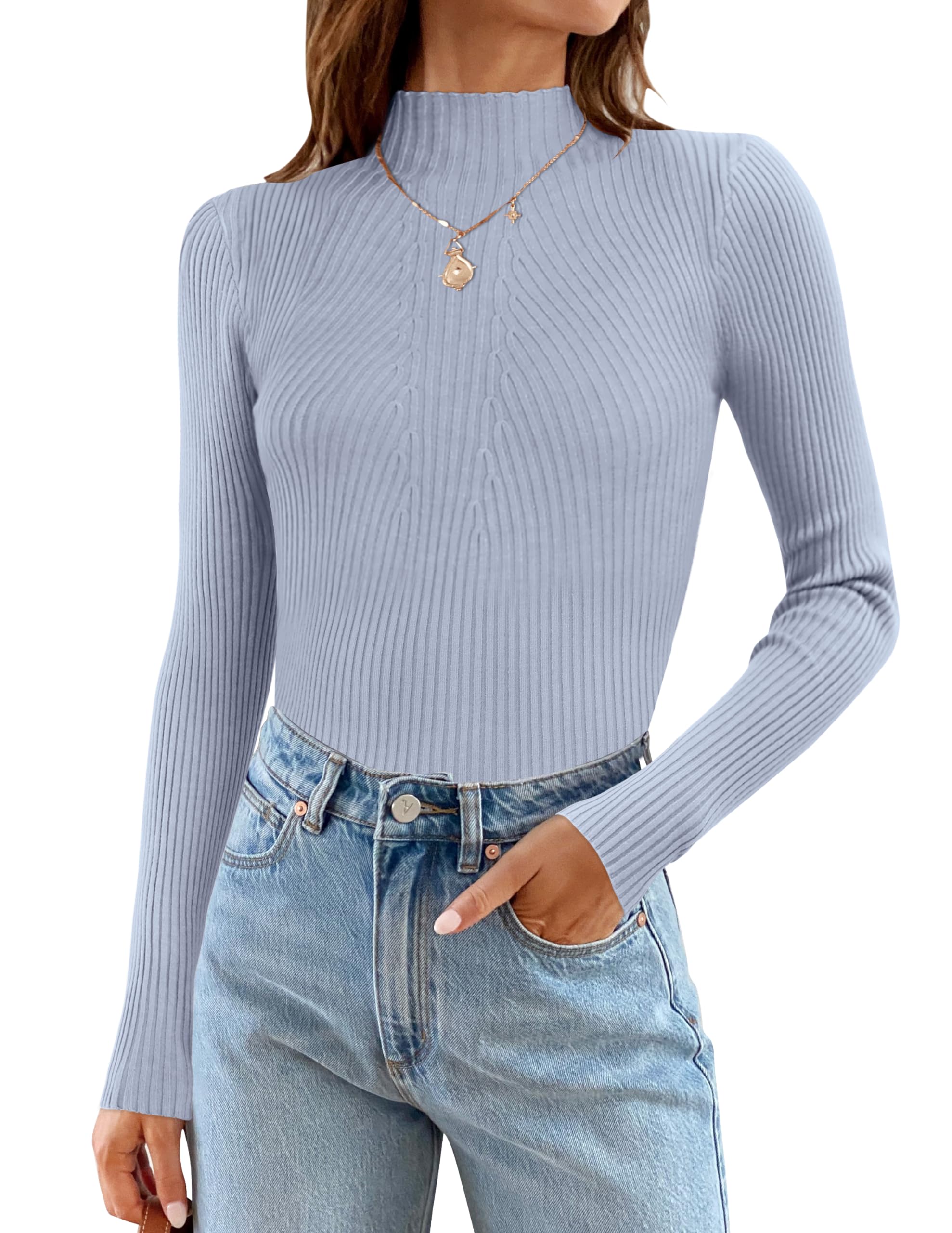 Luxuii Long Sleeve Turtleneck Ribbed Knit Basic Top