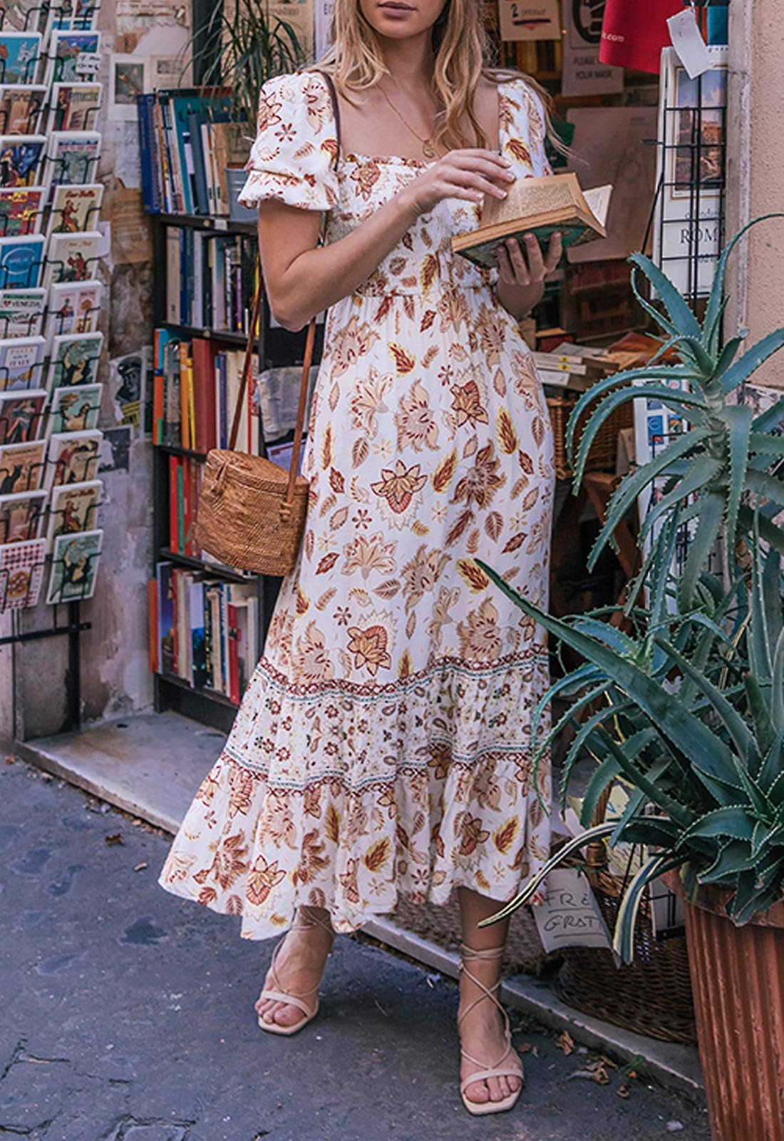 Luxuii Floral Print Square Neck Ruffle Swing Beach Dress