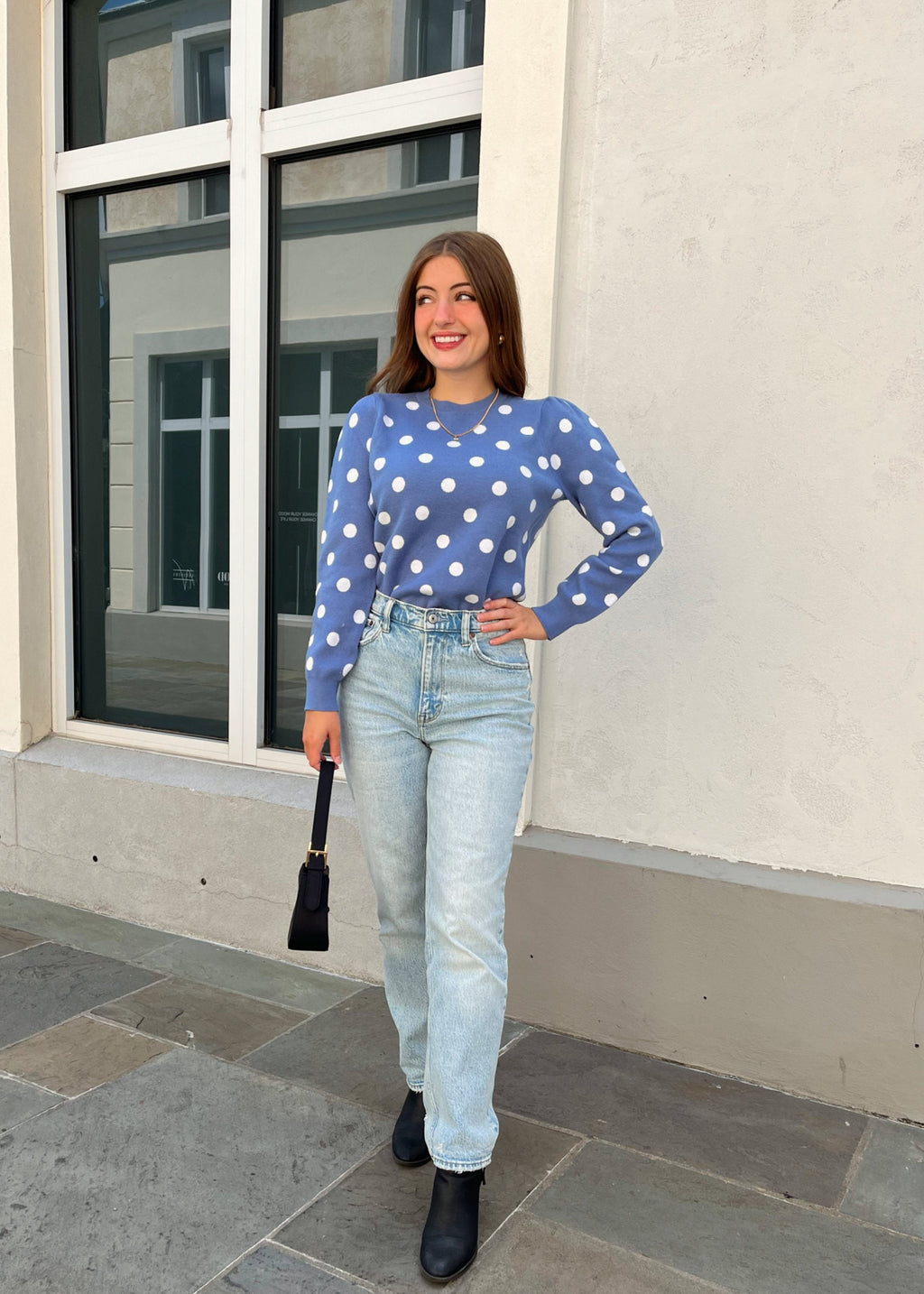 Luxuii Crewneck Polka Dots Ribbed Knit Soft Pullover Sweater