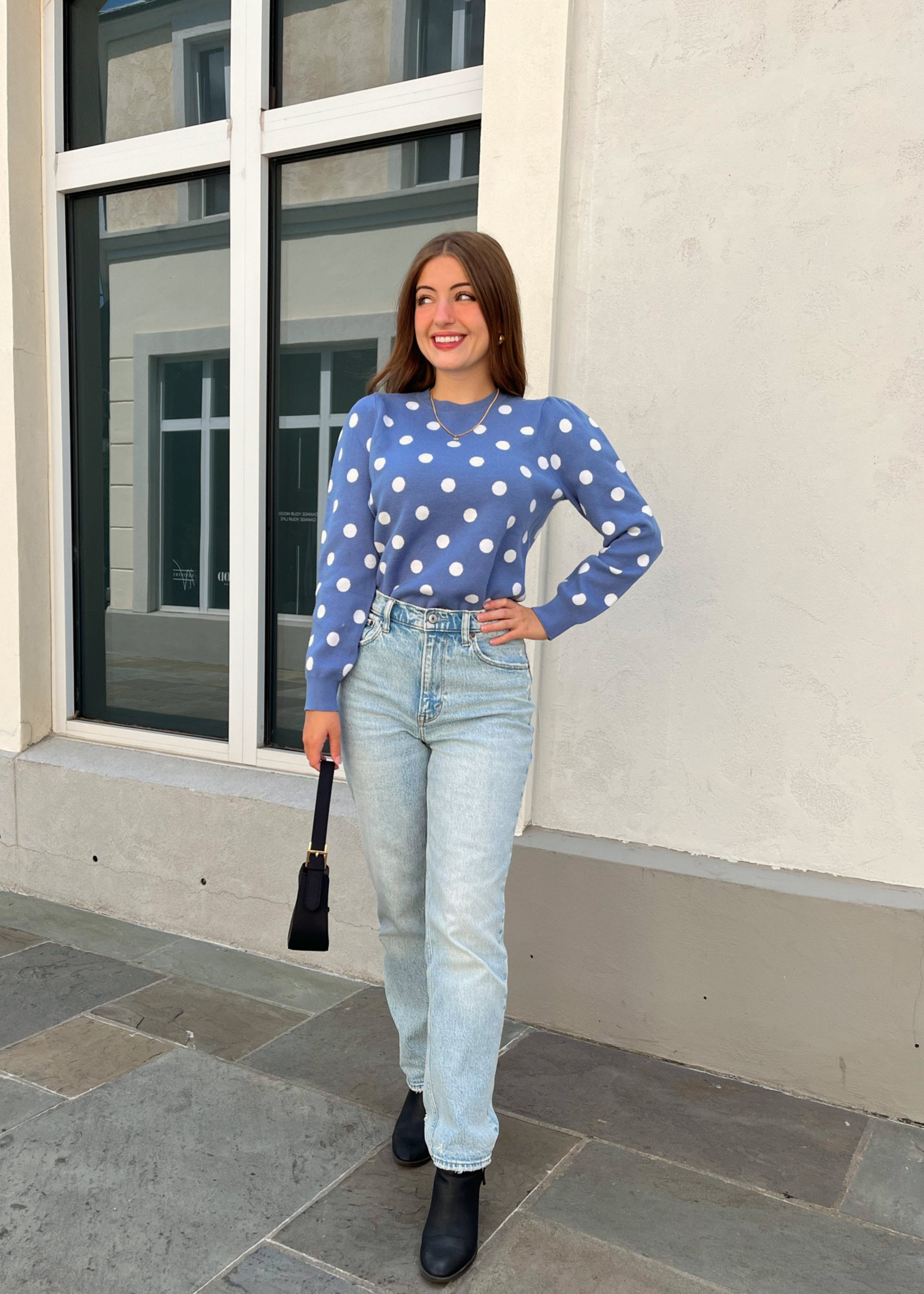 Luxuii Crewneck Polka Dots Ribbed Knit Soft Pullover Sweater