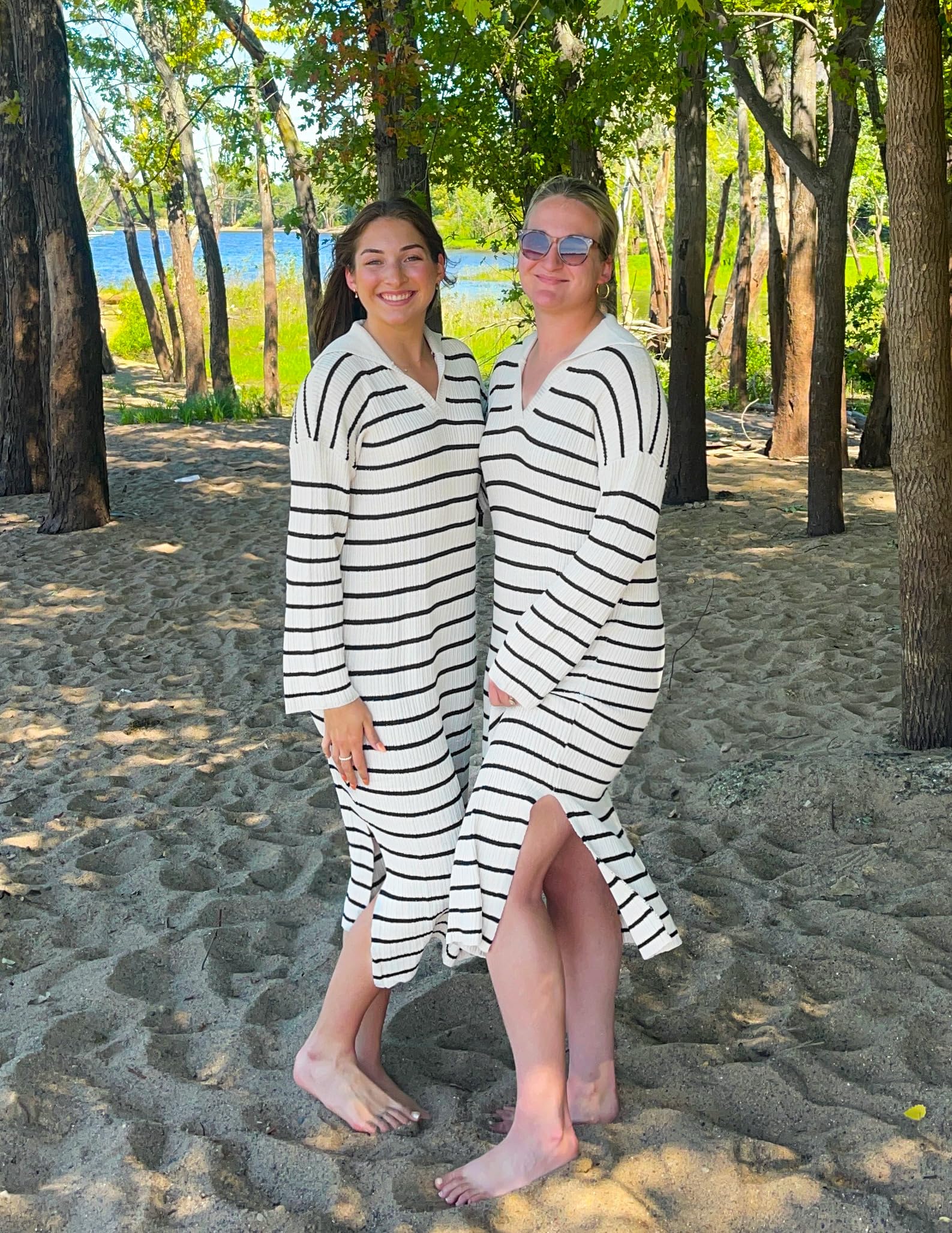 Luxuii Striped Sweater Dresses Lapel V Neck Knit Side Slit Midi Dress
