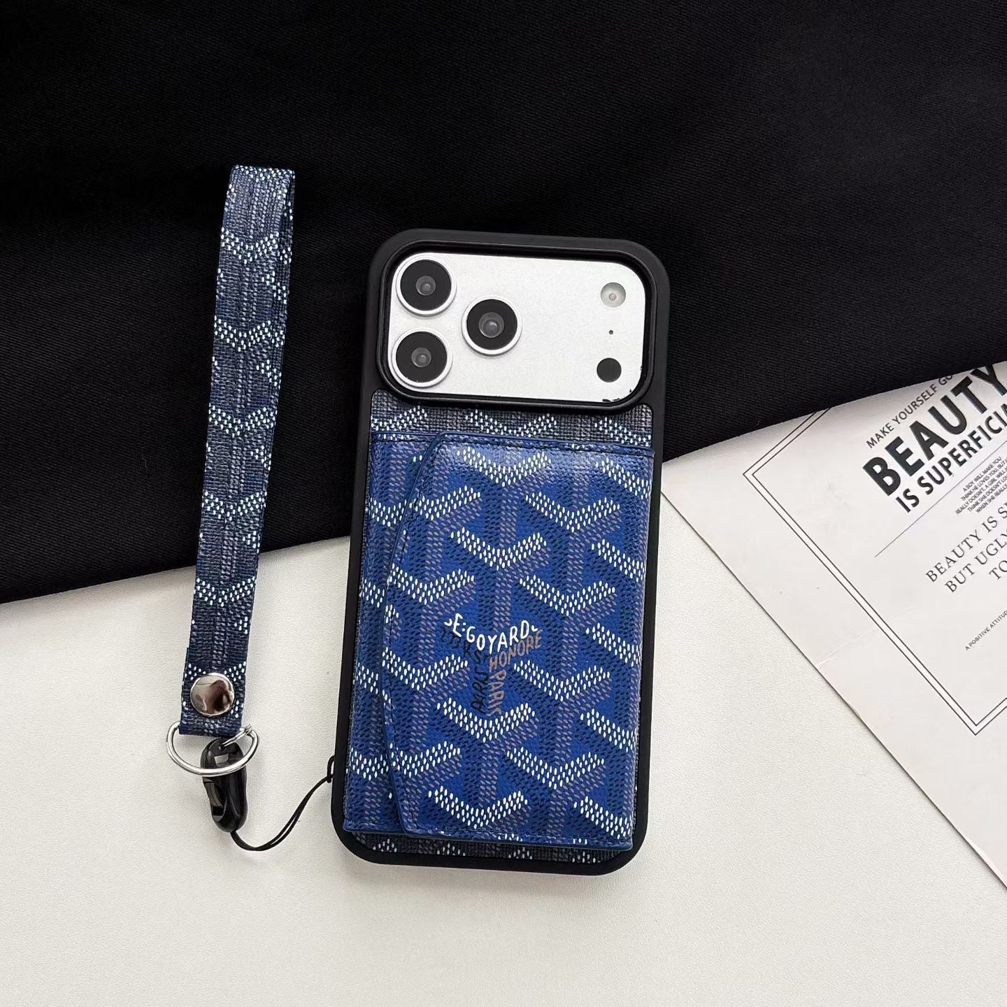Luxury GD Pattern Tri-Fold Wallet Phone Case with Matching Wristlet Strap