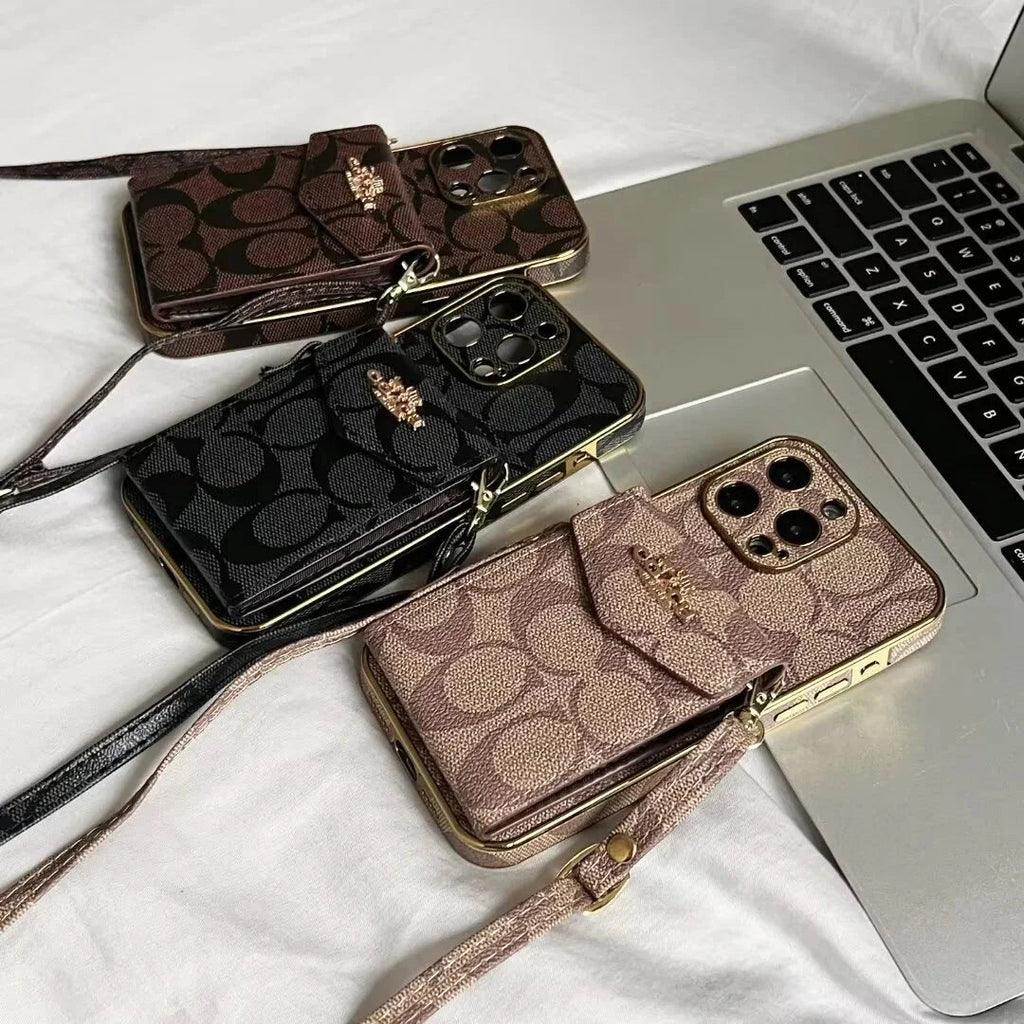 Luxury Logo Accordion Card Holder Leather Crossbody Apple iPhone Case