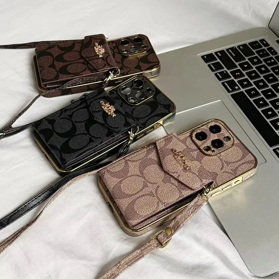 Luxury Logo Accordion Card Holder Leather Crossbody Apple iPhone Case