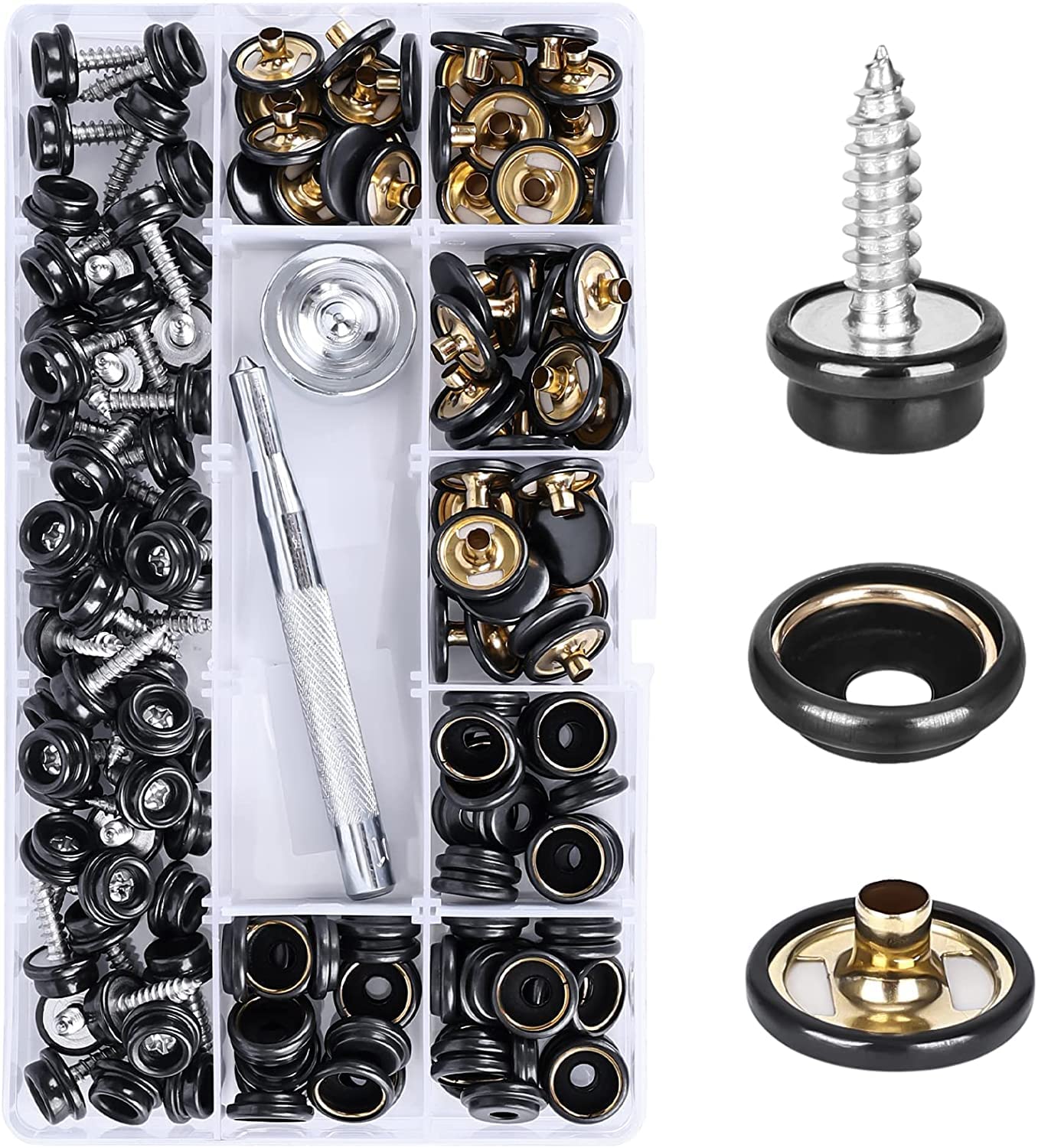 Luxuii Snap Kit with 2 Pcs Setting Tools for Canvas Upholstery, Marine Grade Stainless Steel 3/8 Socket Snap Button Fastener DIY Boat Cover Furniture (150 PCS)