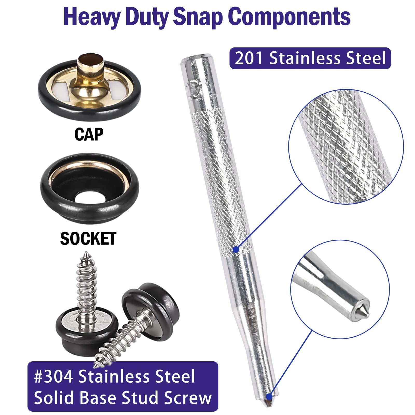 Luxuii Snap Kit with 2 Pcs Setting Tools for Canvas Upholstery, Marine Grade Stainless Steel 3/8 Socket Snap Button Fastener DIY Boat Cover Furniture (150 PCS)
