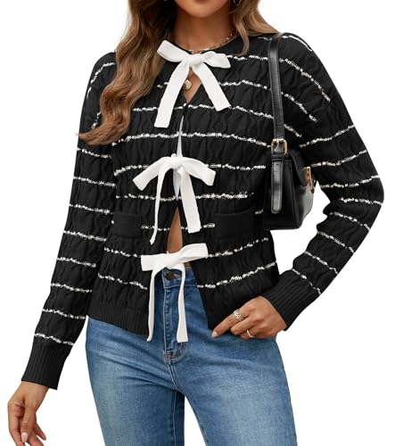 Luxuii Open Front Striped Tie Front Loose Chunky Knit Coats