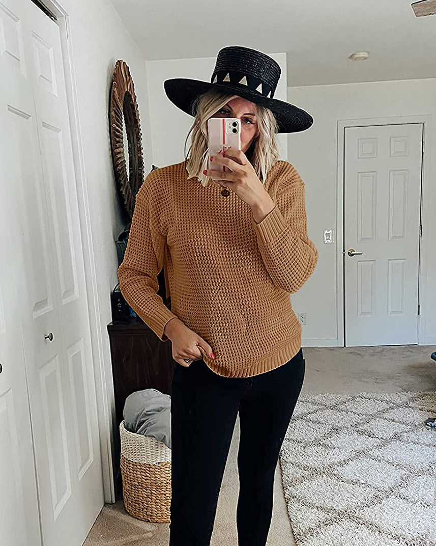 Luxuii Waffle Knit Loose Pullover Tops