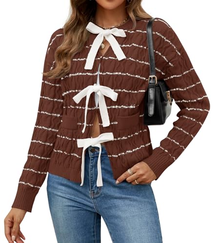 Luxuii Open Front Striped Tie Front Loose Chunky Knit Coats