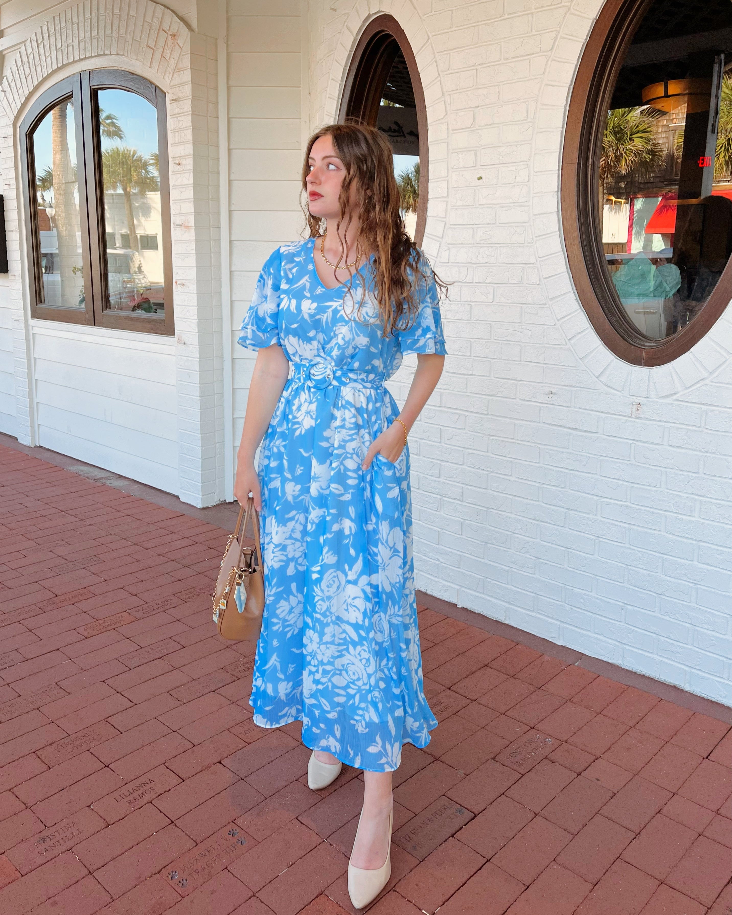 Luxuii Floral Print Short Sleeve V Neck High Waist Flowy Dress